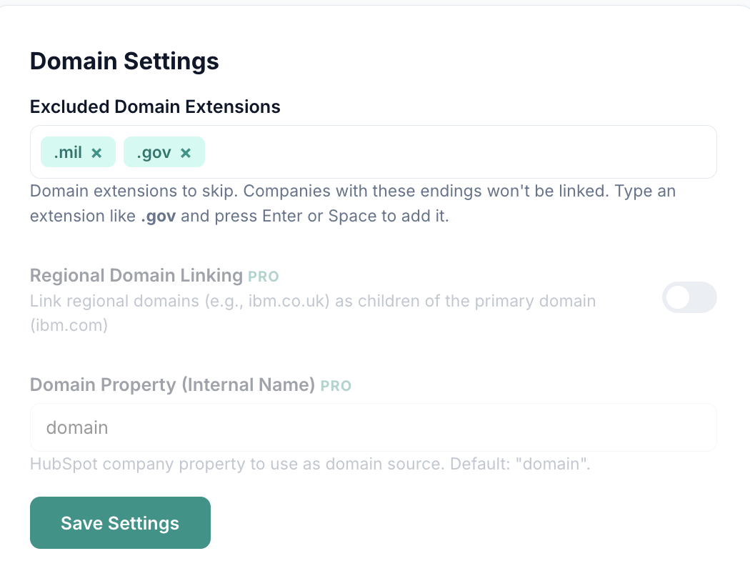 Domain settings showing excluded extensions as pills, regional linking toggle, and domain property field