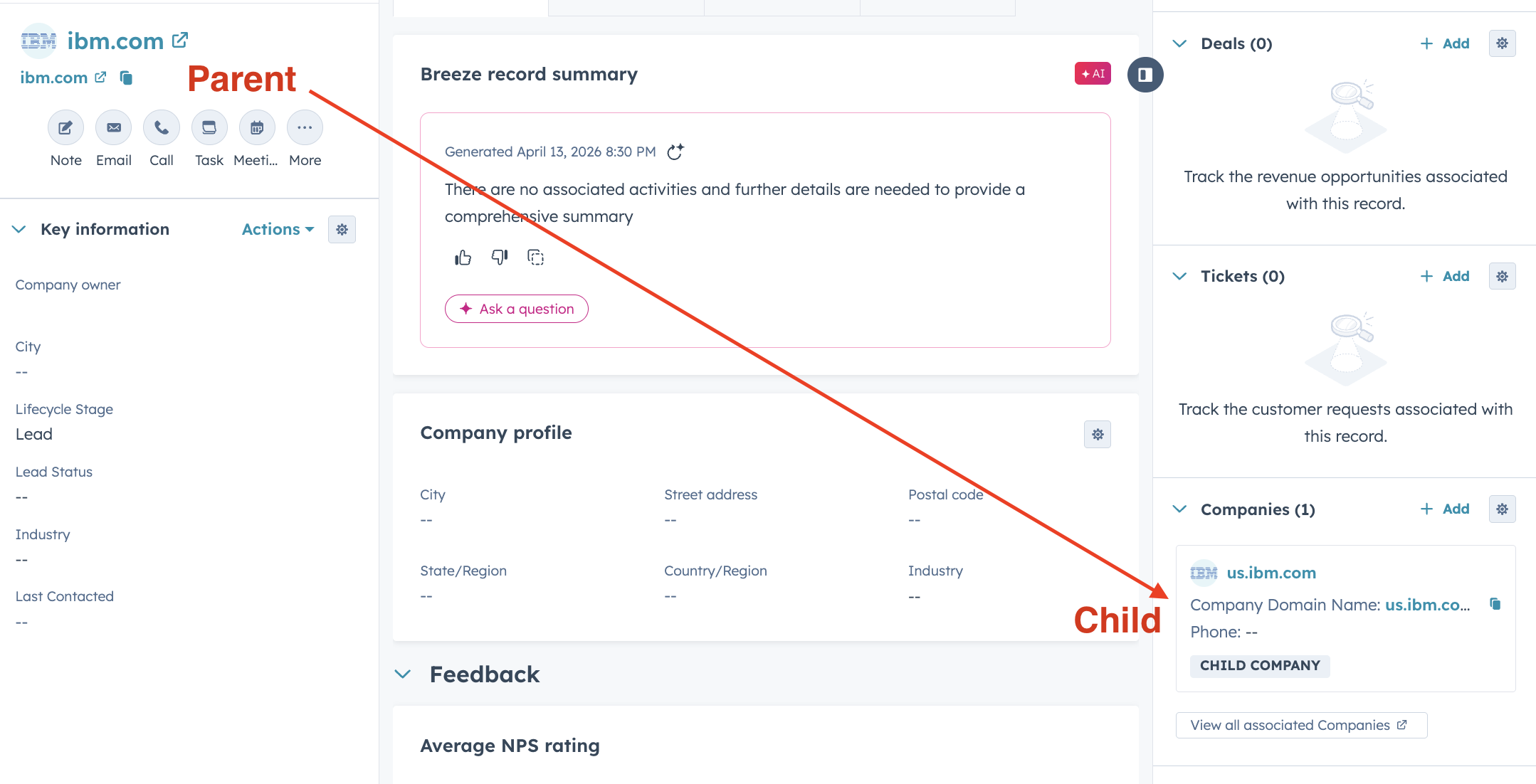 HubSpot company record showing ibm.com as parent with us.ibm.com linked as child company