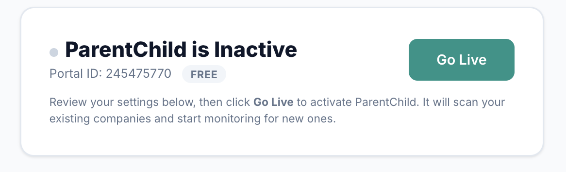 ParentChild settings page showing inactive status with Go Live button