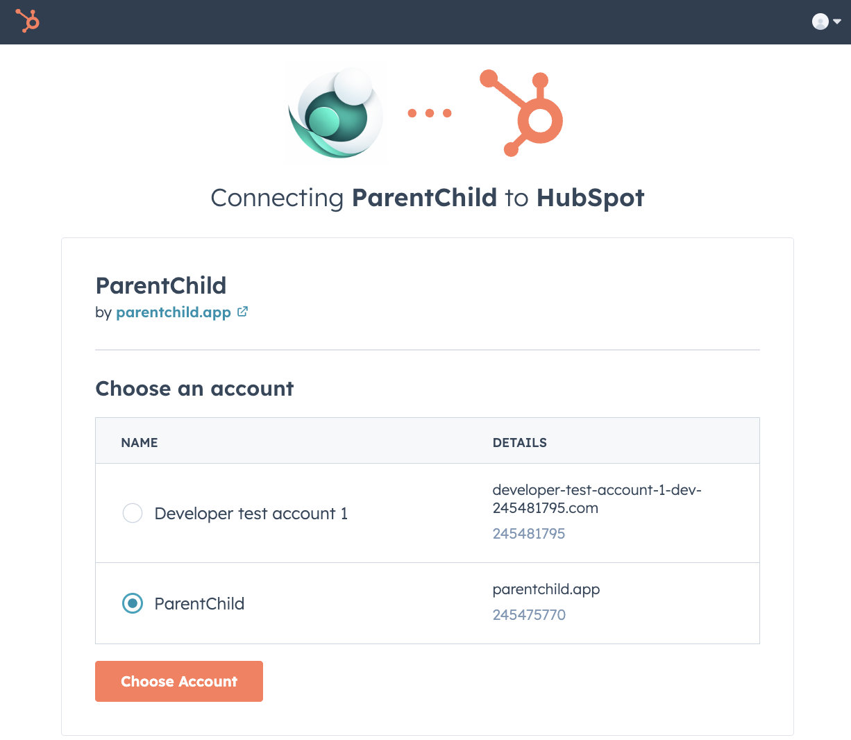 HubSpot OAuth account selection screen for ParentChild