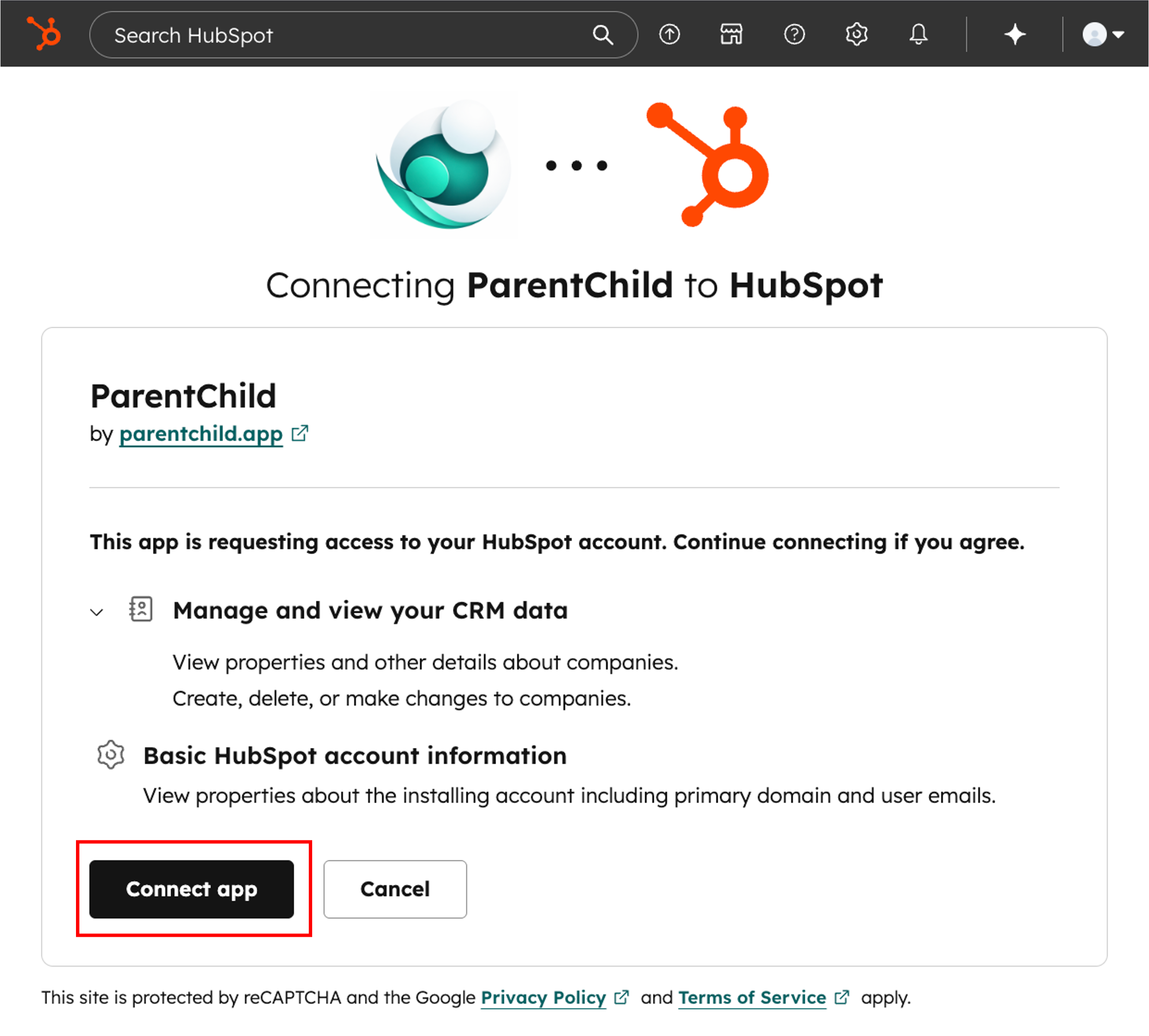 HubSpot OAuth scope approval screen showing company read and write permissions