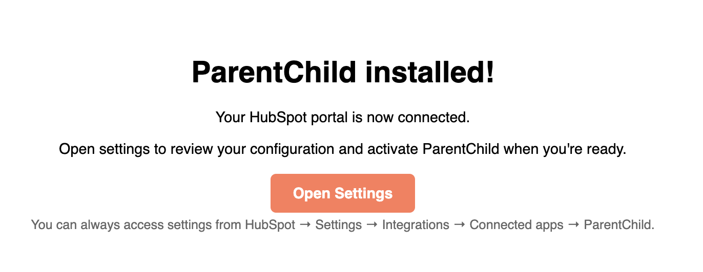 ParentChild installed confirmation page with Open Settings button