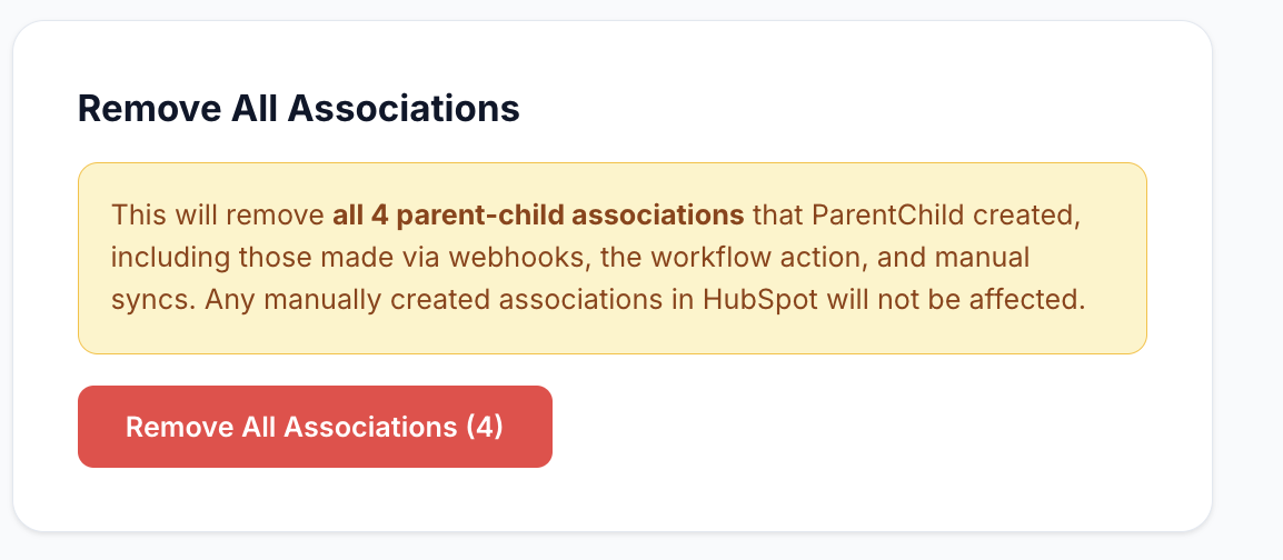 Remove All Associations section showing count of tracked associations with remove button