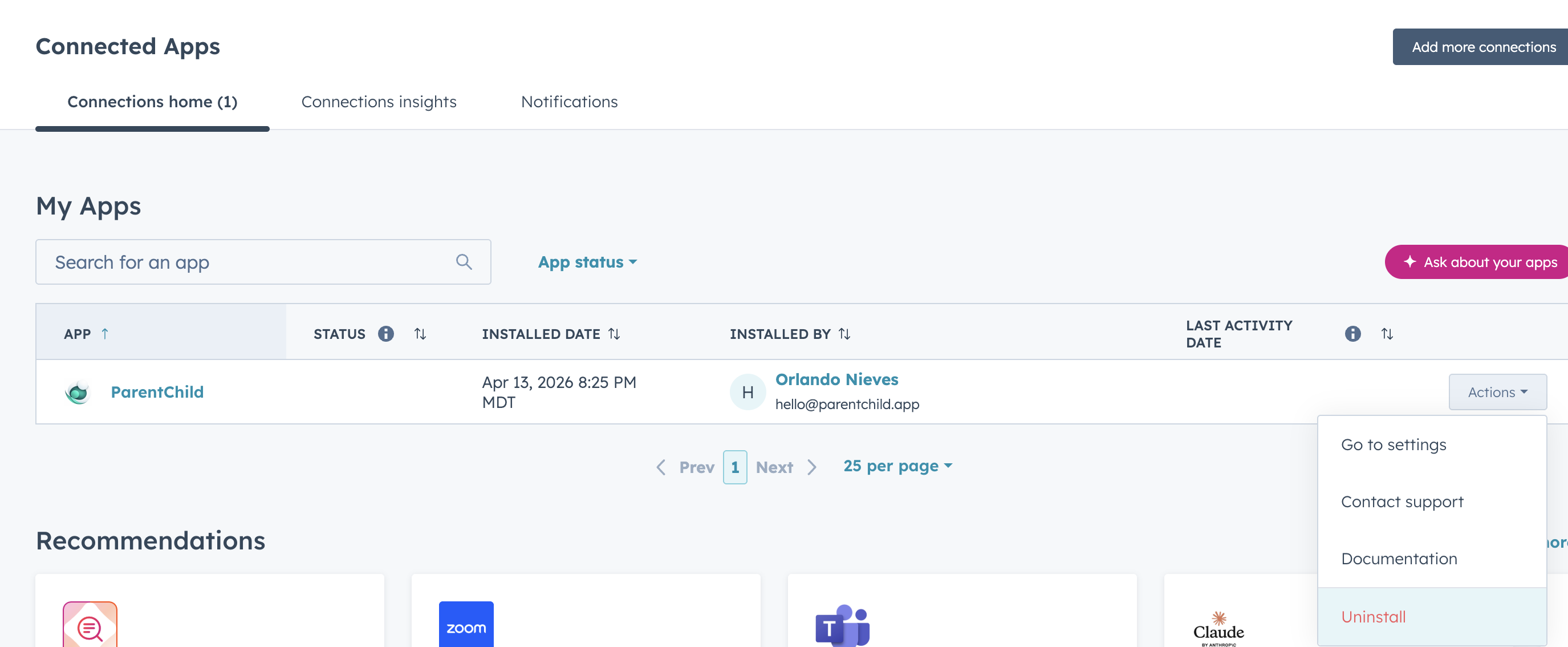 HubSpot Connected Apps page showing ParentChild with Actions dropdown and Uninstall option