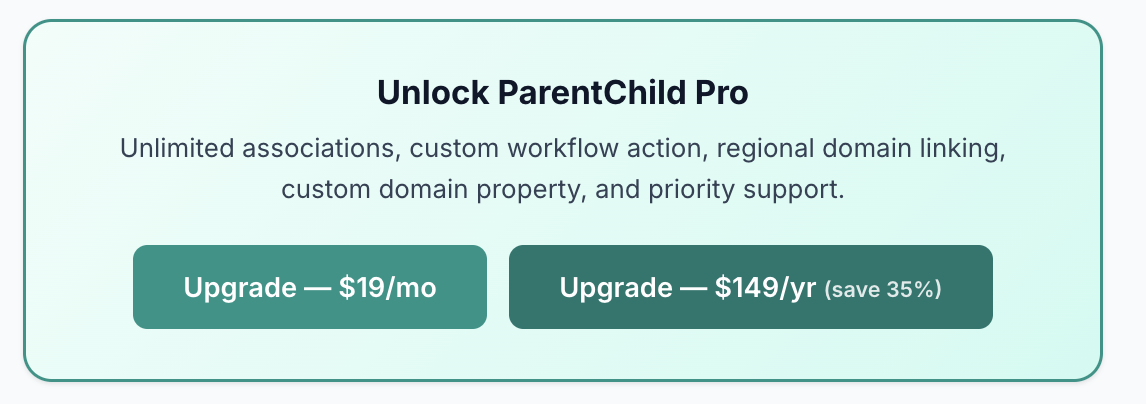 ParentChild settings page showing Upgrade to Pro banner with monthly and annual pricing options