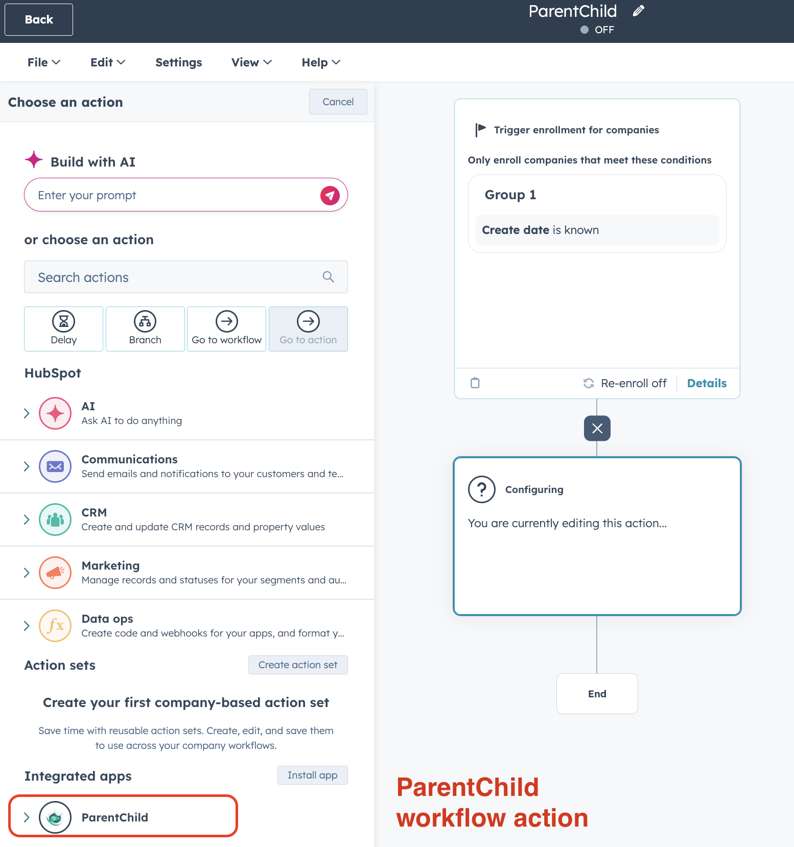 HubSpot workflow editor showing ParentChild under Integrated apps